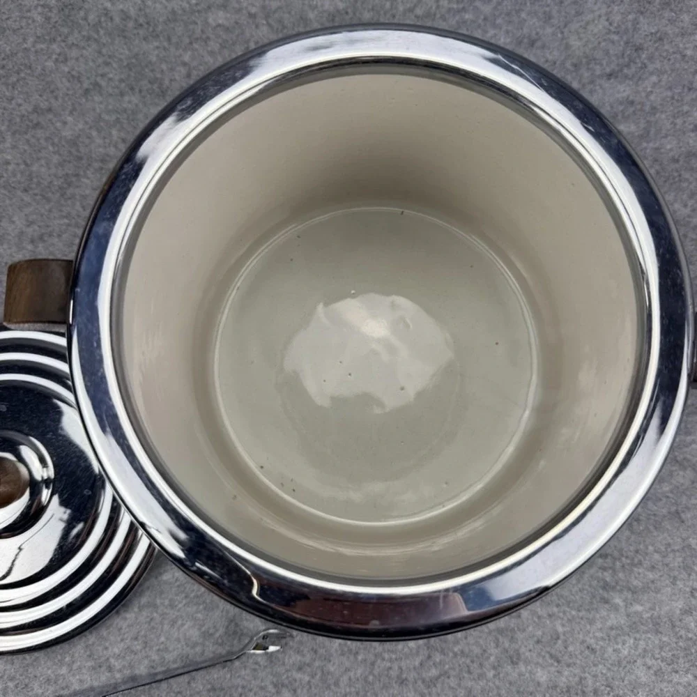 Vintage Keystone Chrome Ice Bucket Wood Handles Lid 2 Tongs Insulated Barware